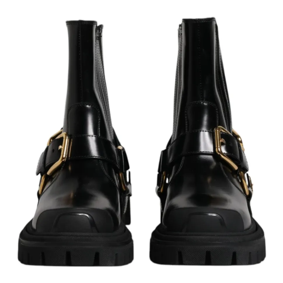 Bottes Cheville en Cuir Noir Boucle