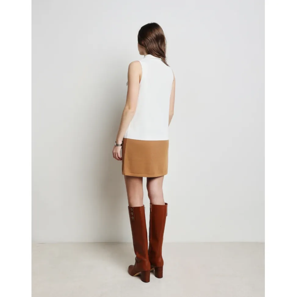 Boxy Knit Dress with Bicolor Band and Gold Buttons