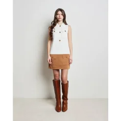 Boxy Knit Dress with Bicolor Band and Gold Buttons
