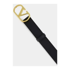 Ceinture noire avec logo V en veau brillant
