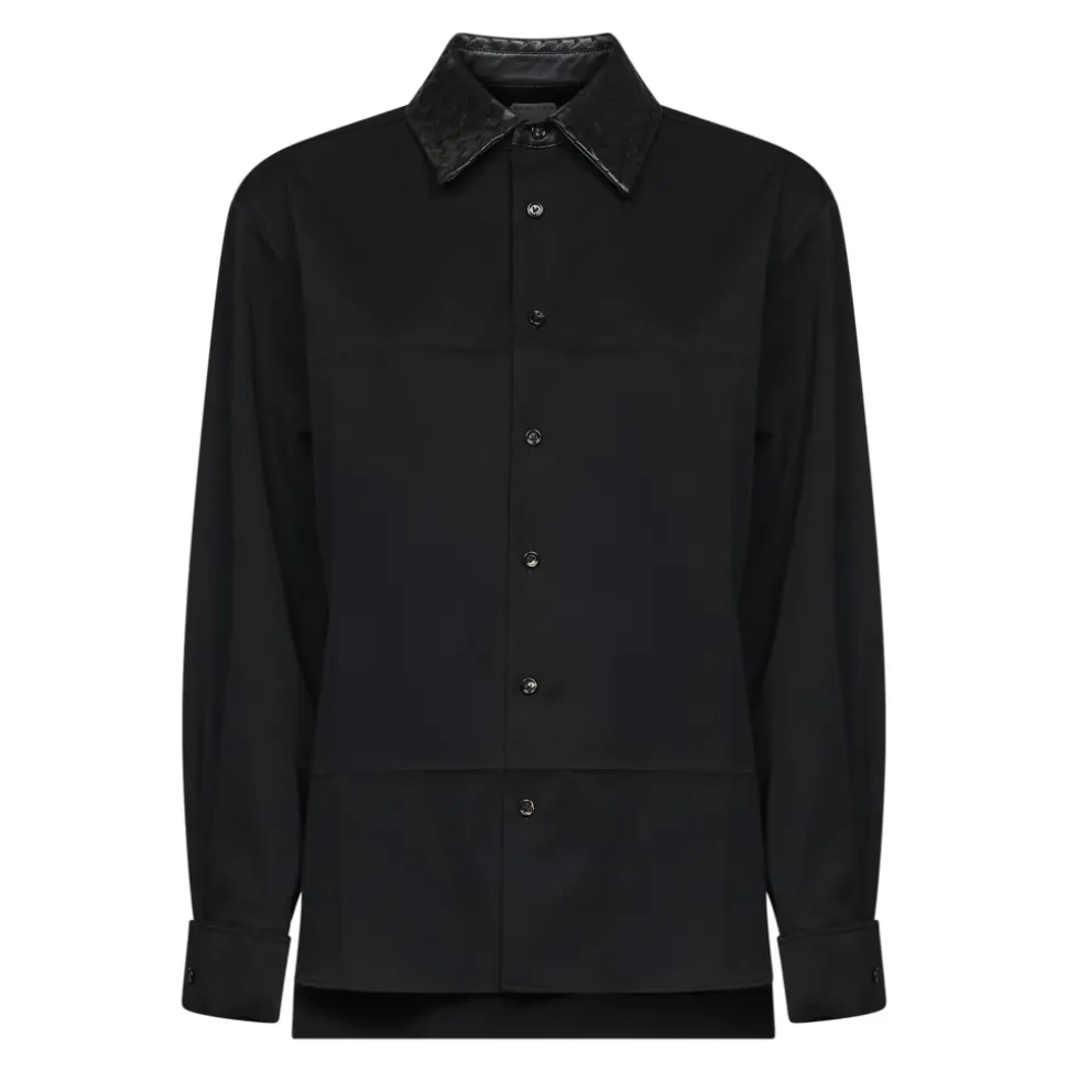 Chemise en Laine avec Col en Cuir Intrecciato