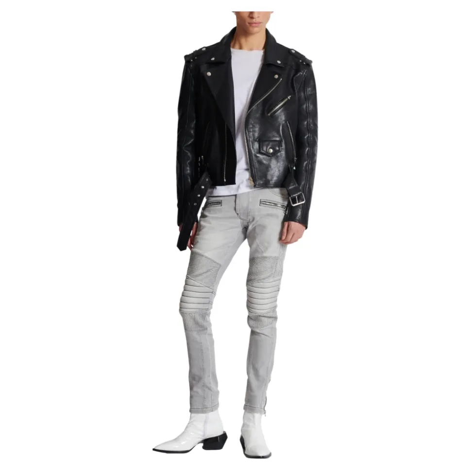 Jean Biker en Denim Matelassé Gris