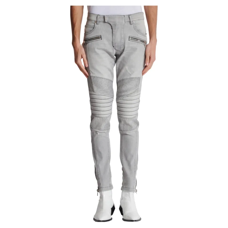 Jean Biker en Denim Matelassé Gris