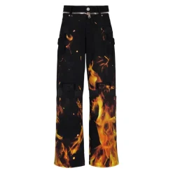 Jeans Imprimé Flammes avec Inserts