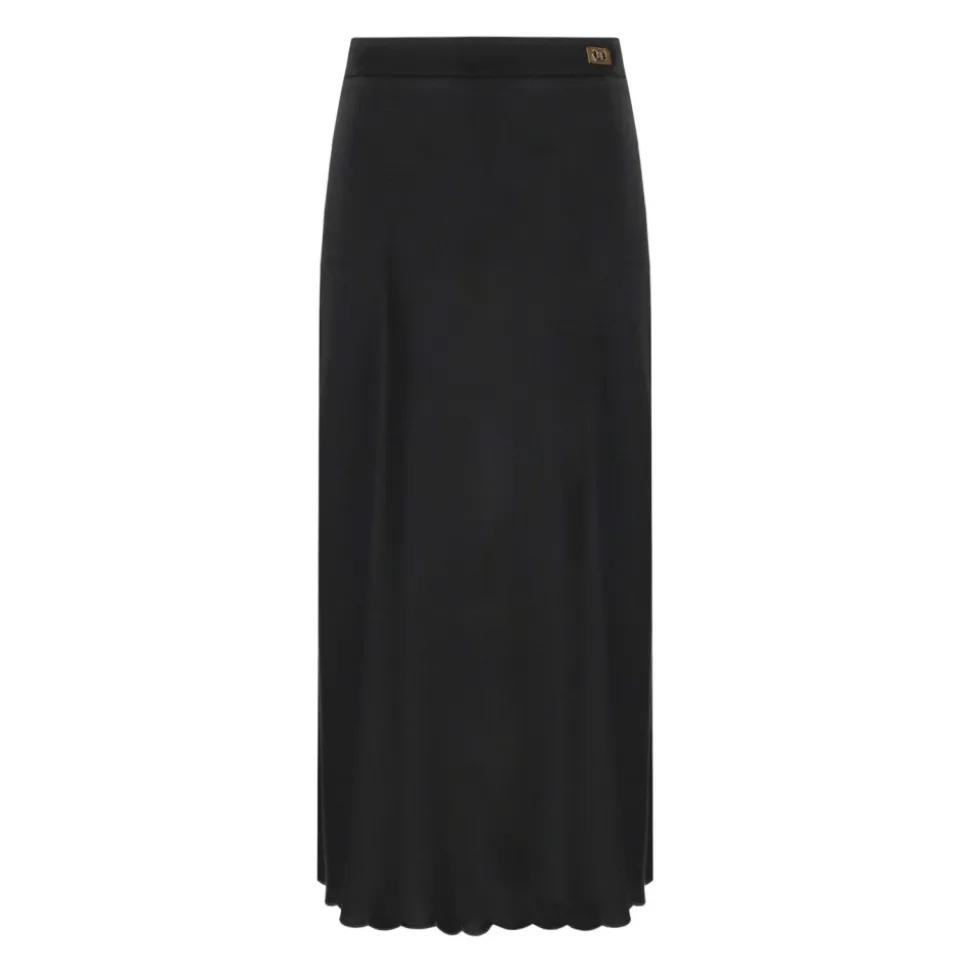 Jupe Midi en Satin Noir avec Coquilles Brodées