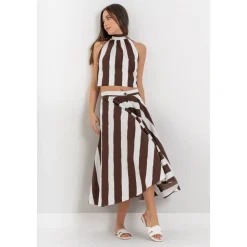 Jupe midi évasée en coton à rayures avec taille haute