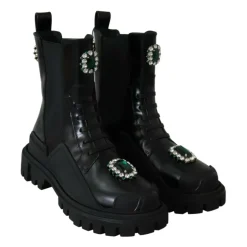 Leather Crystal Combat Boots