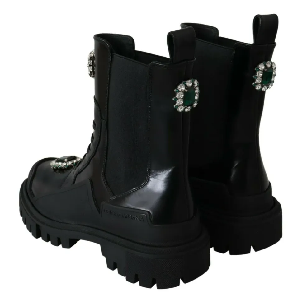 Leather Crystal Combat Boots