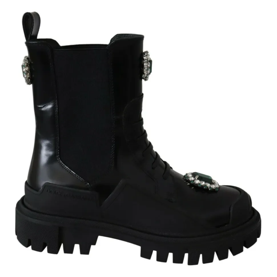 Leather Crystal Combat Boots