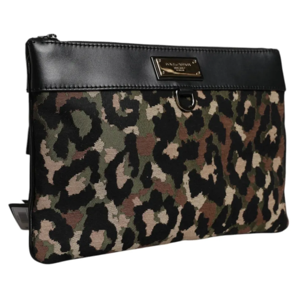 Leopard Jacquard Print Logo Plaque Pouch Bag