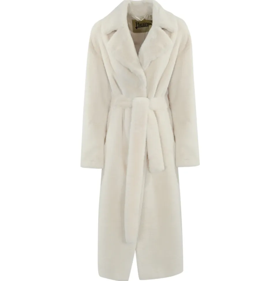 Manteau Blanc en Fausse Fourrure Col en V