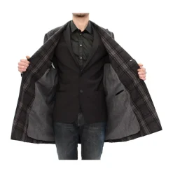 Manteau en Laine à Carreaux Gris à Double Boutonnage