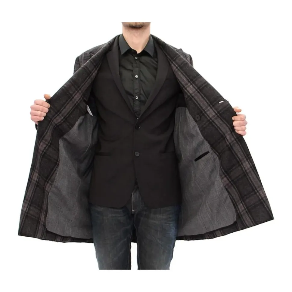 Manteau en Laine à Carreaux Gris à Double Boutonnage
