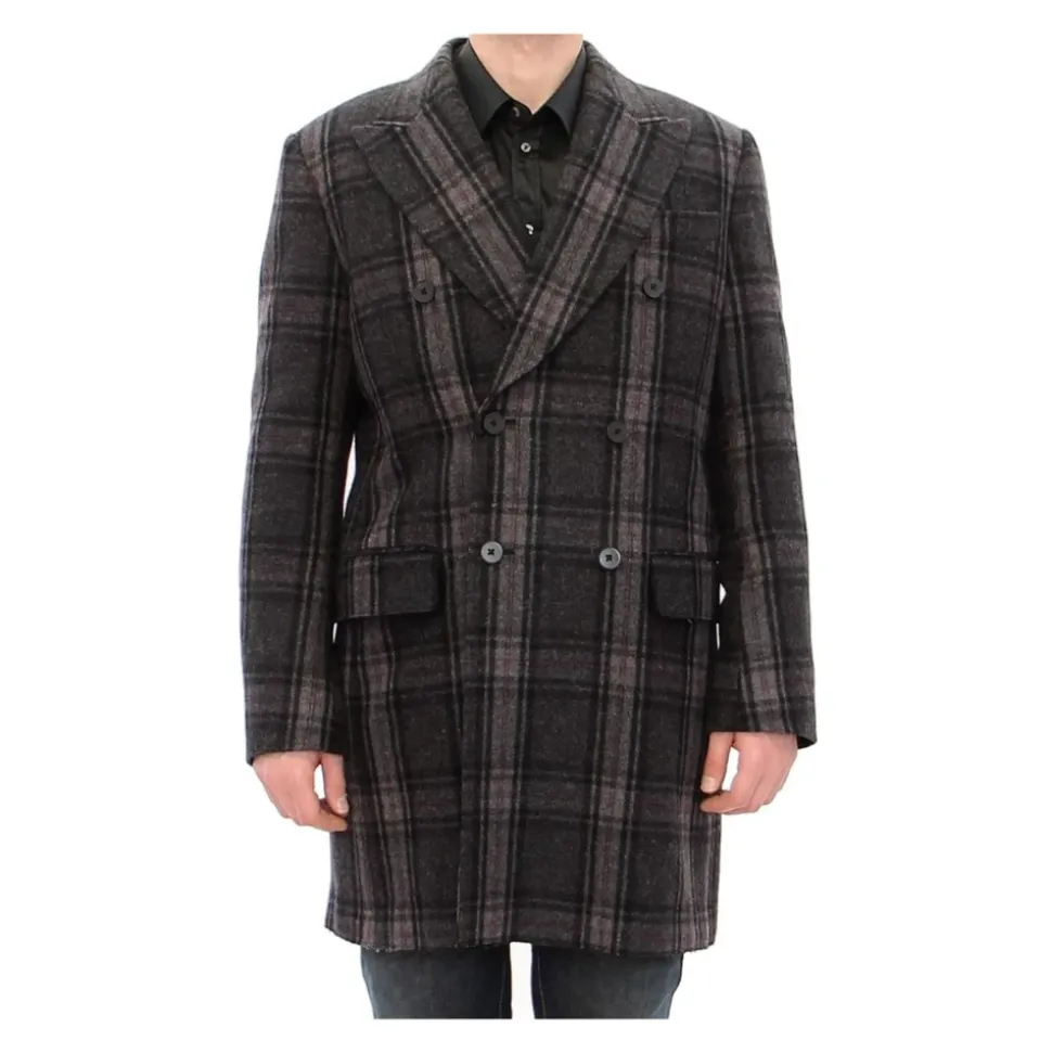 Manteau en Laine à Carreaux Gris à Double Boutonnage