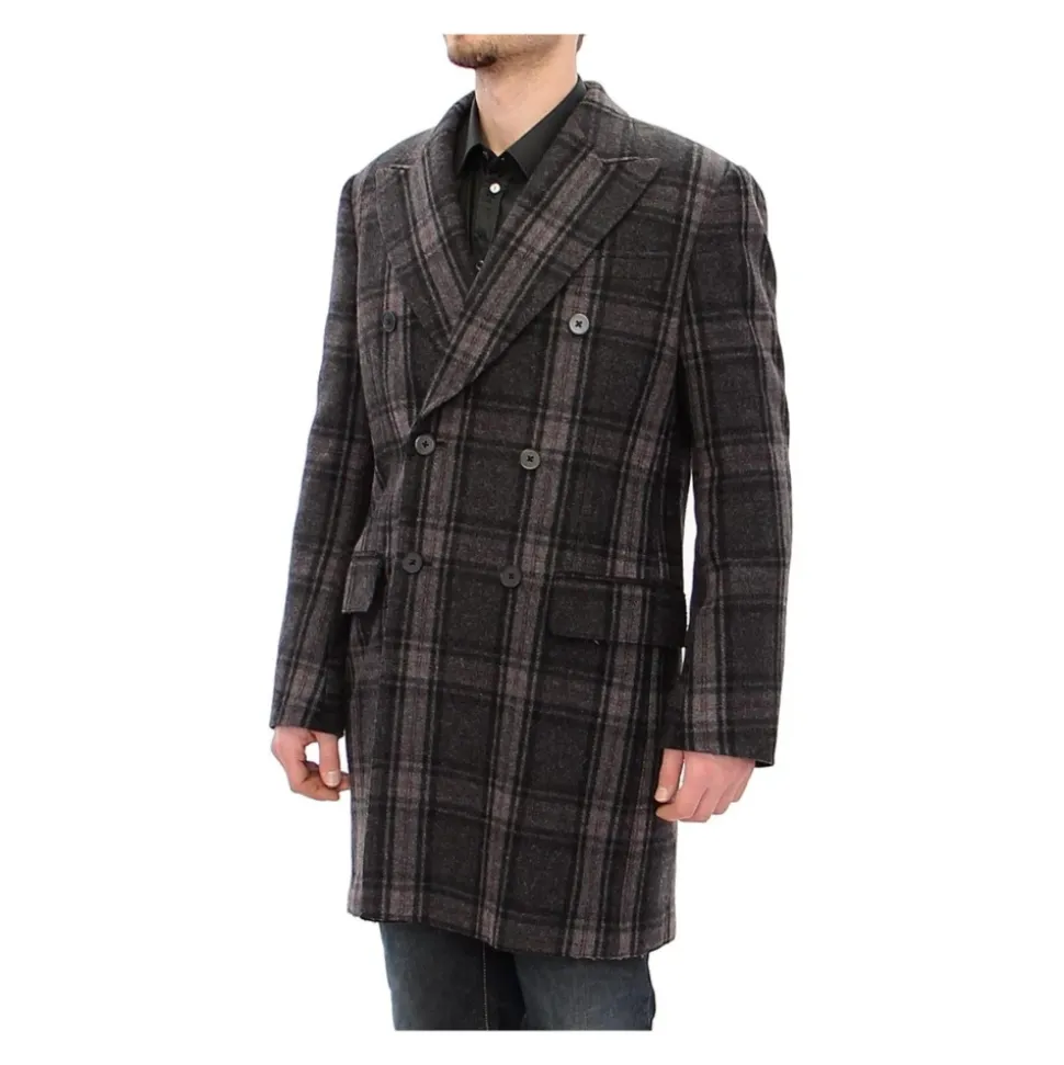 Manteau en Laine à Carreaux Gris à Double Boutonnage