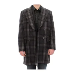Manteau en Laine à Carreaux Gris à Double Boutonnage
