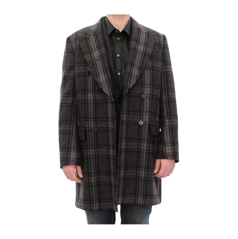 Manteau en Laine à Carreaux Gris à Double Boutonnage