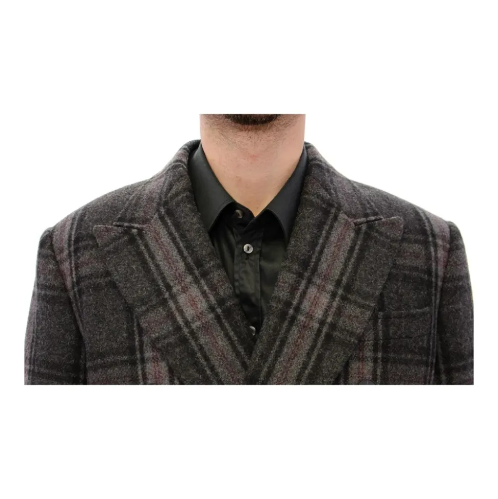 Manteau en Laine à Carreaux Gris à Double Boutonnage