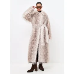 Manteau Long Ceinturé en Fausse Fourrure
