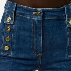 Pantalon Palazzo en Denim avec Boutons Dorés