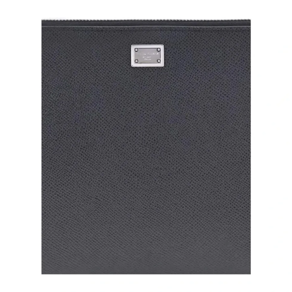 Pochette en Cuir avec Plaque Logo et Fermeture à Glissière
