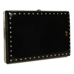 Pochette en cuir noir à clous dorés