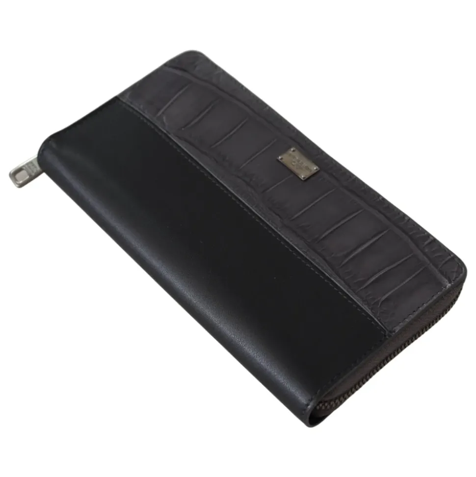 Portefeuille Continental à fermeture éclair - Porte-cartes en cuir noir exotique