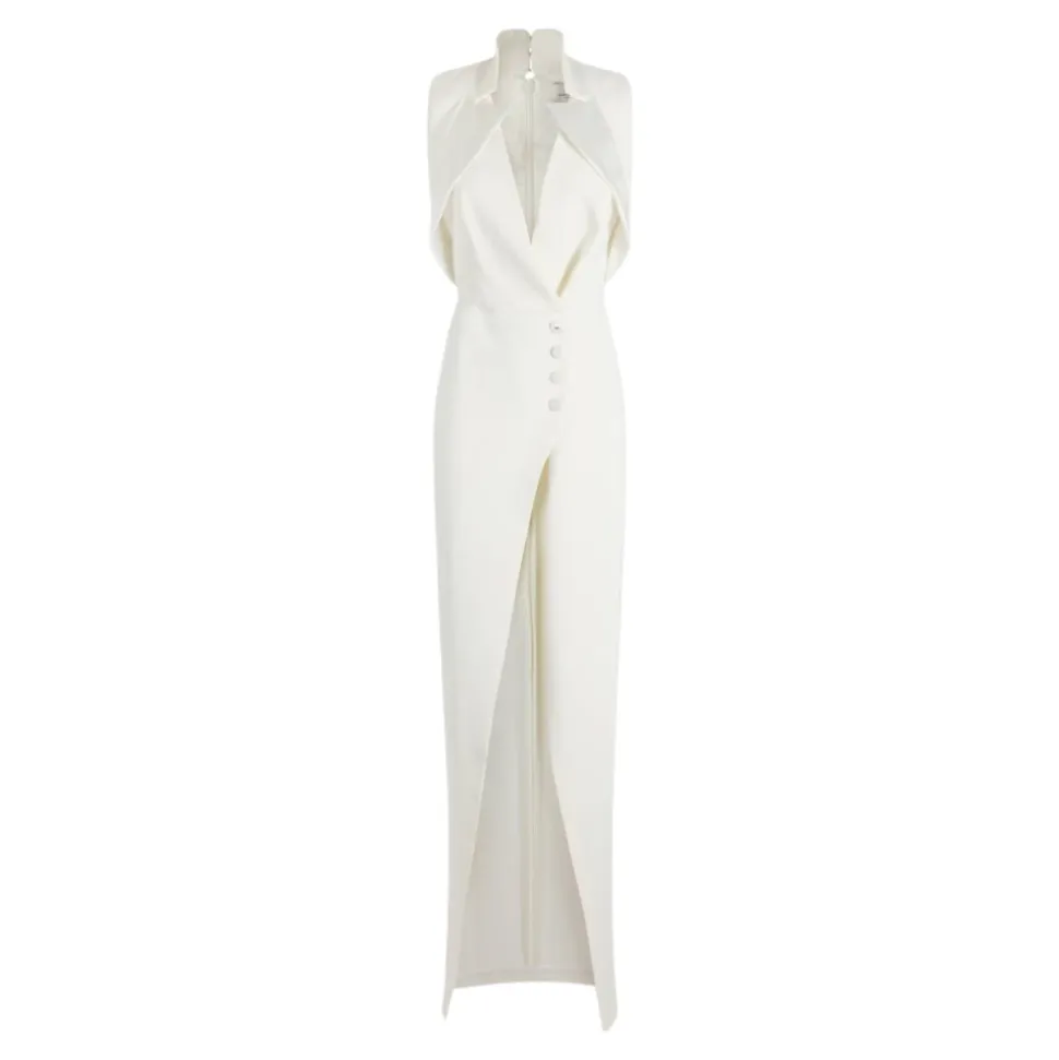 Robe de Soirée en Crêpe avec Revers en Satin et Fente Latérale
