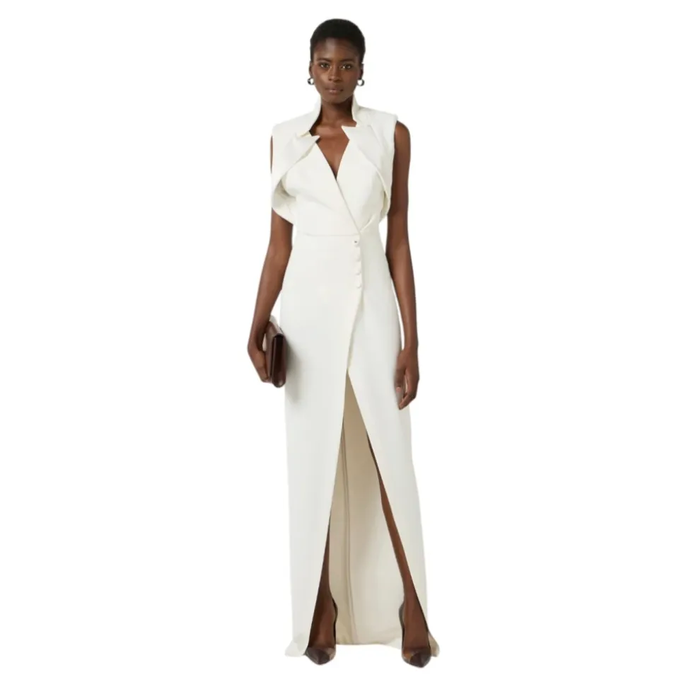 Robe de Soirée en Crêpe avec Revers en Satin et Fente Latérale