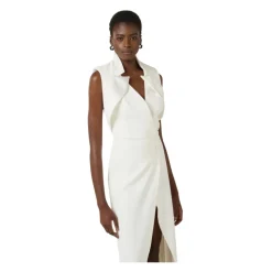 Robe de Soirée en Crêpe avec Revers en Satin et Fente Latérale