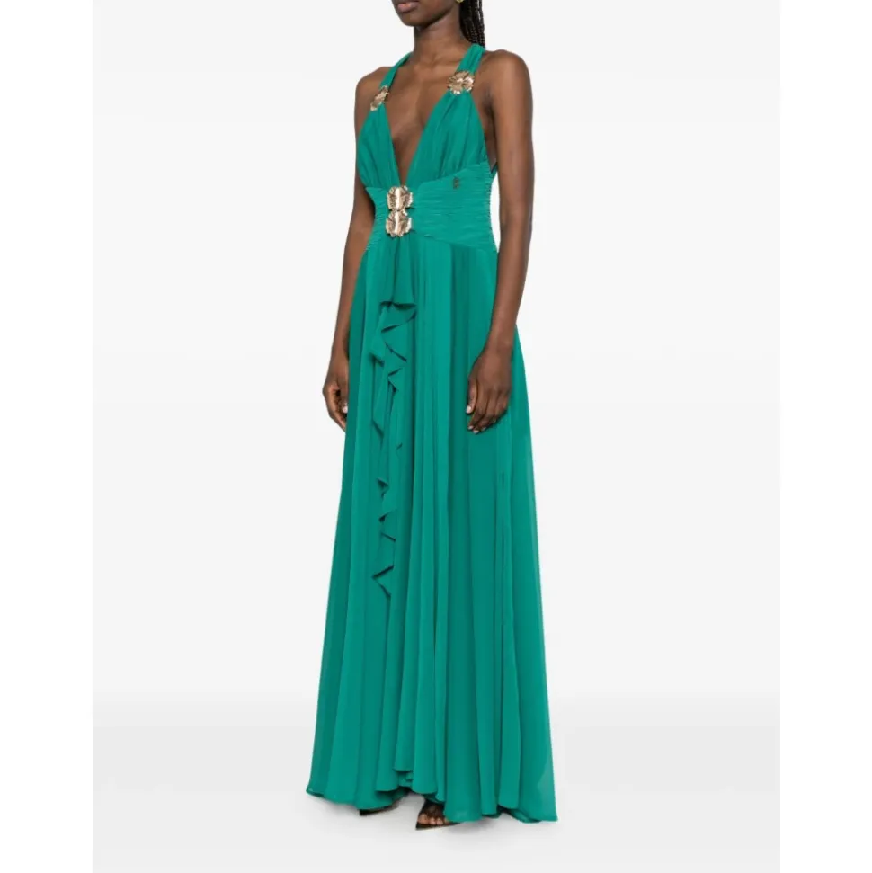 Robe Longue à Fleurs Appliquées et Col Halter