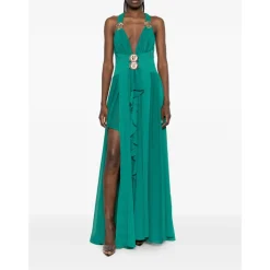 Robe Longue à Fleurs Appliquées et Col Halter