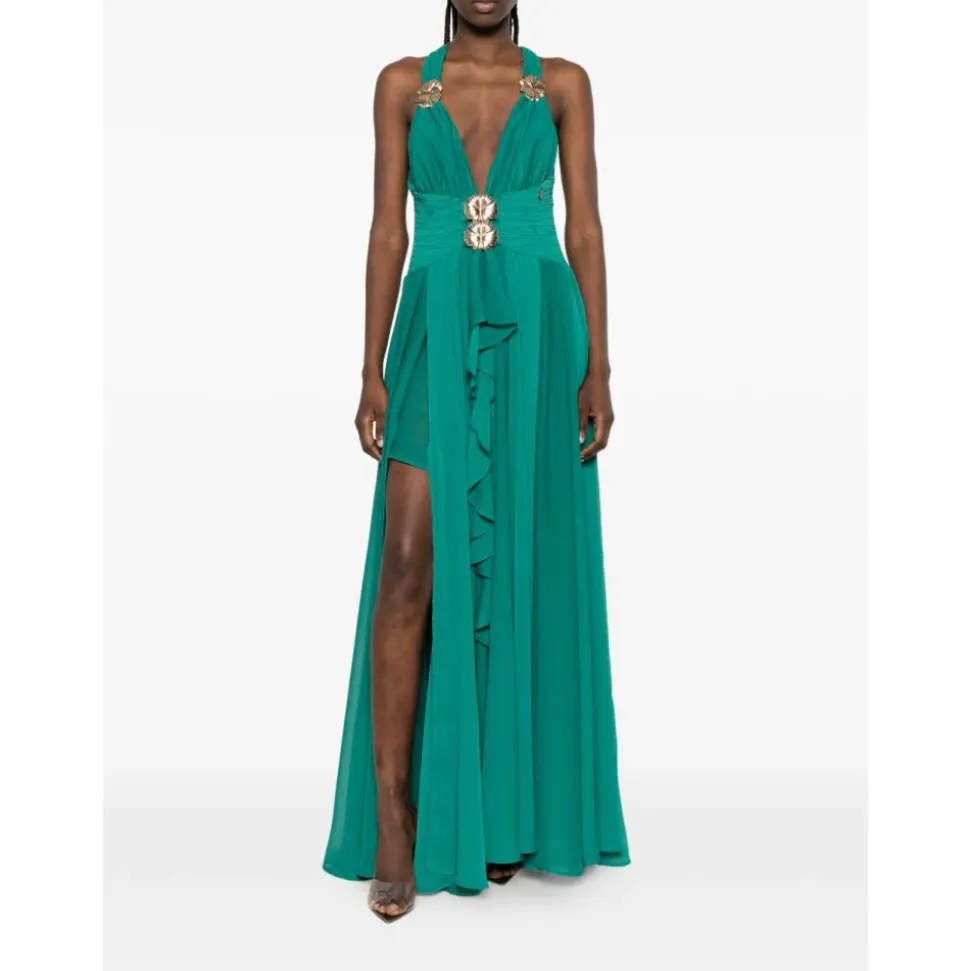 Robe Longue à Fleurs Appliquées et Col Halter