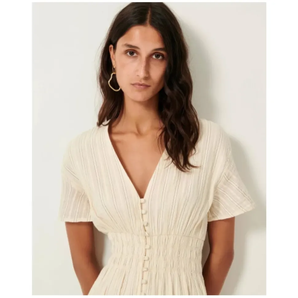 Robe Midi Boutonnée avec Taille Smockée