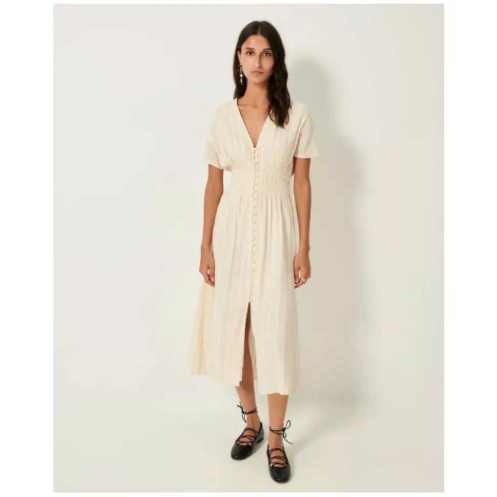Robe Midi Boutonnée avec Taille Smockée