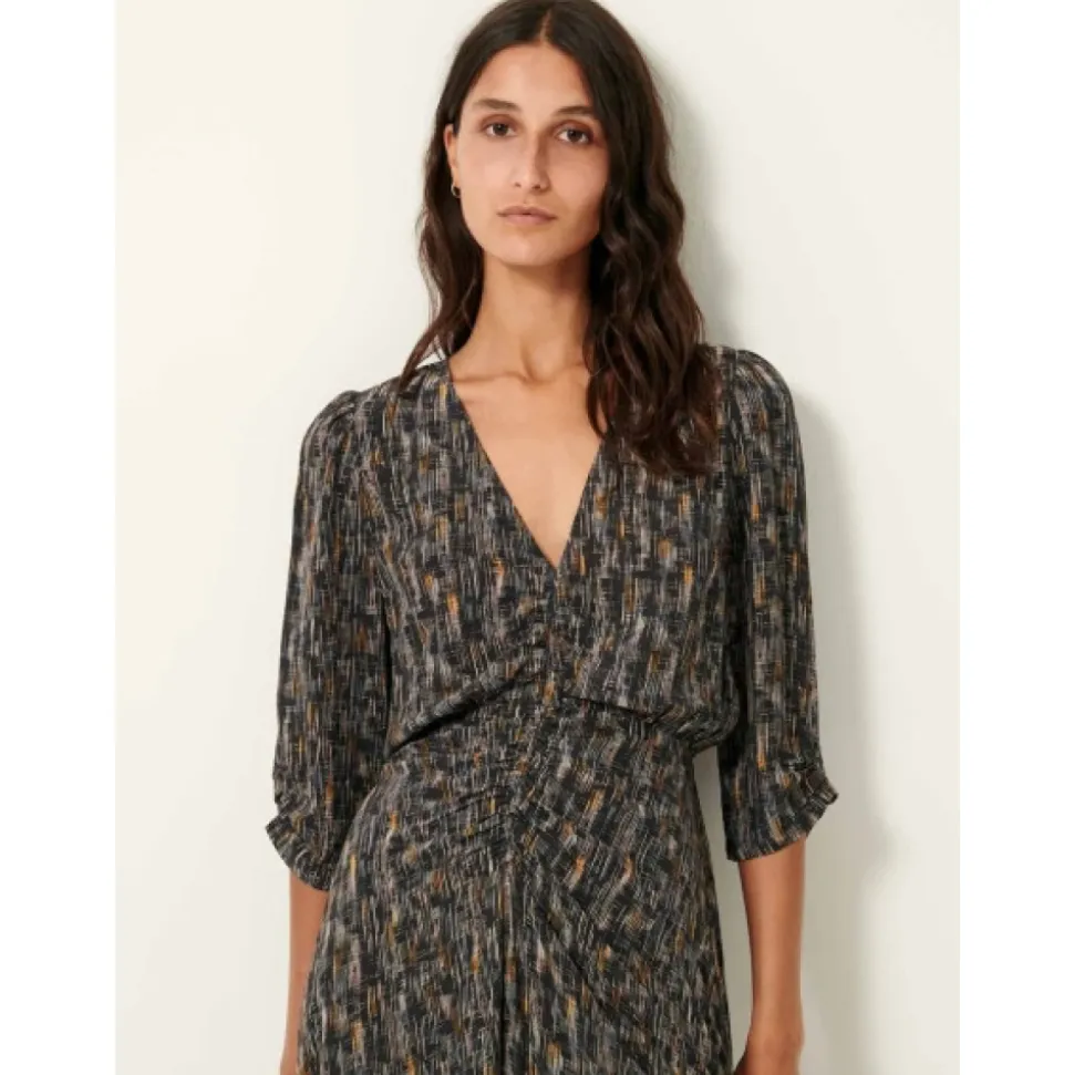 Robe Midi Fluide à Col en V et Imprimé Unique