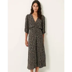 Robe Midi Fluide à Col en V et Imprimé Unique