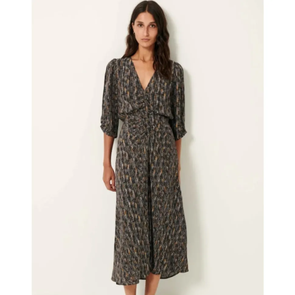 Robe Midi Fluide à Col en V et Imprimé Unique