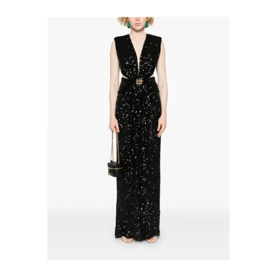 Robe Noire Sans Manches à Col V et Détails Découpés