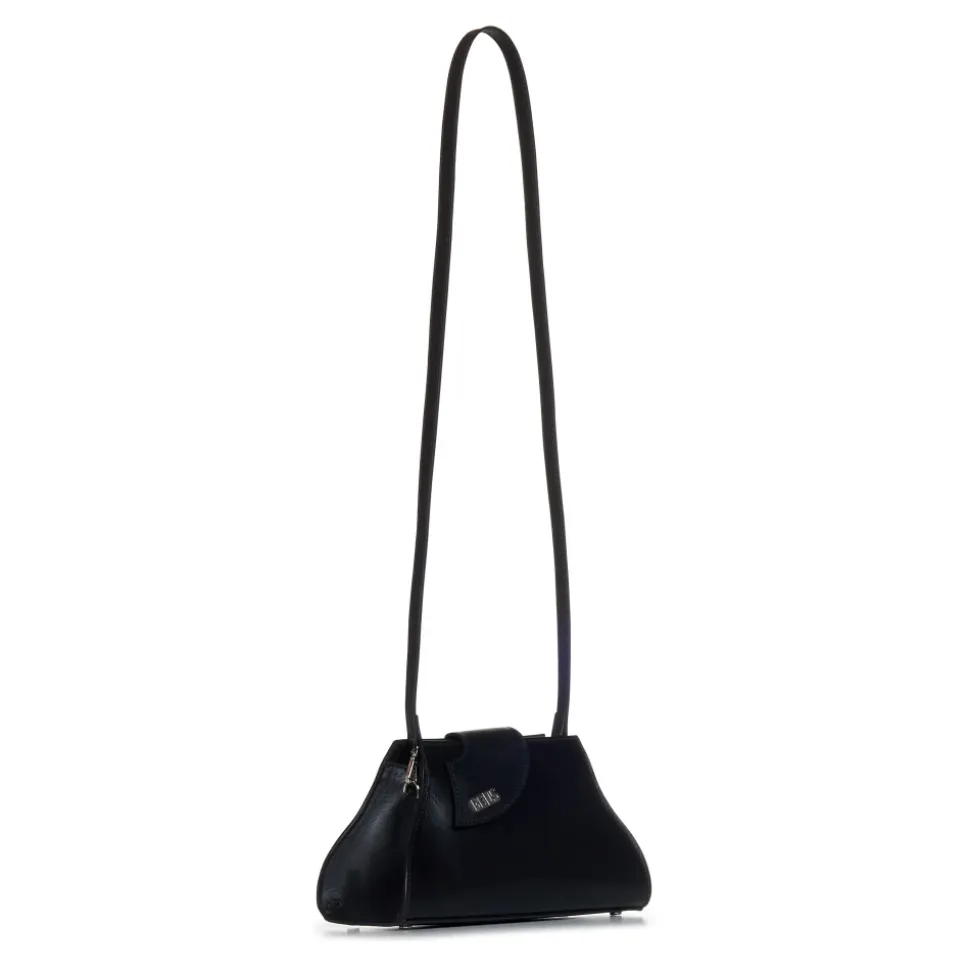 Sac en cuir noir avec rabat asymétrique et logo en argent nickelé