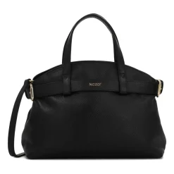 Sac à main en cuir noir avec sangle décorative et intérieur fonctionnel