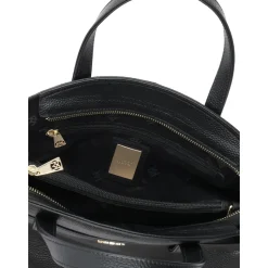 Sac à main en cuir noir avec sangle décorative et intérieur fonctionnel