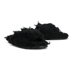 Sandales noires en fourrure au design moderne et confortable.