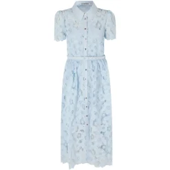 Short Sleeve Collared Belted Lace Midi Dress