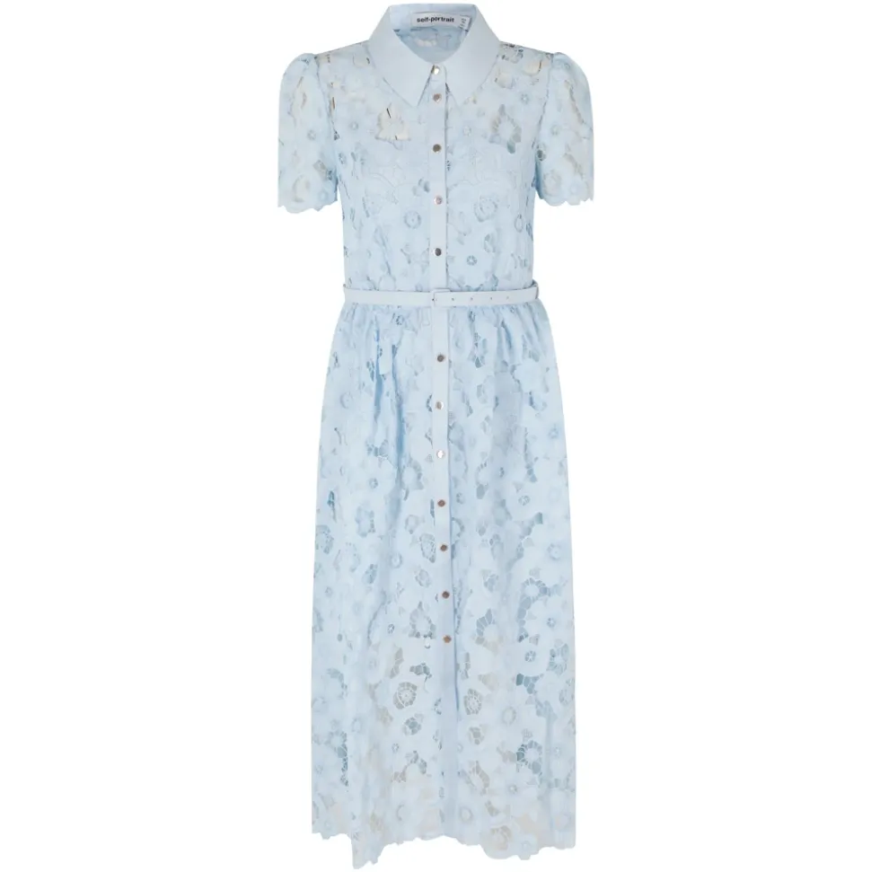 Short Sleeve Collared Belted Lace Midi Dress