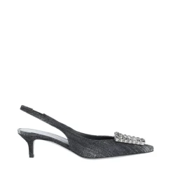 Slingback en denim noir avec accessoire en cristal