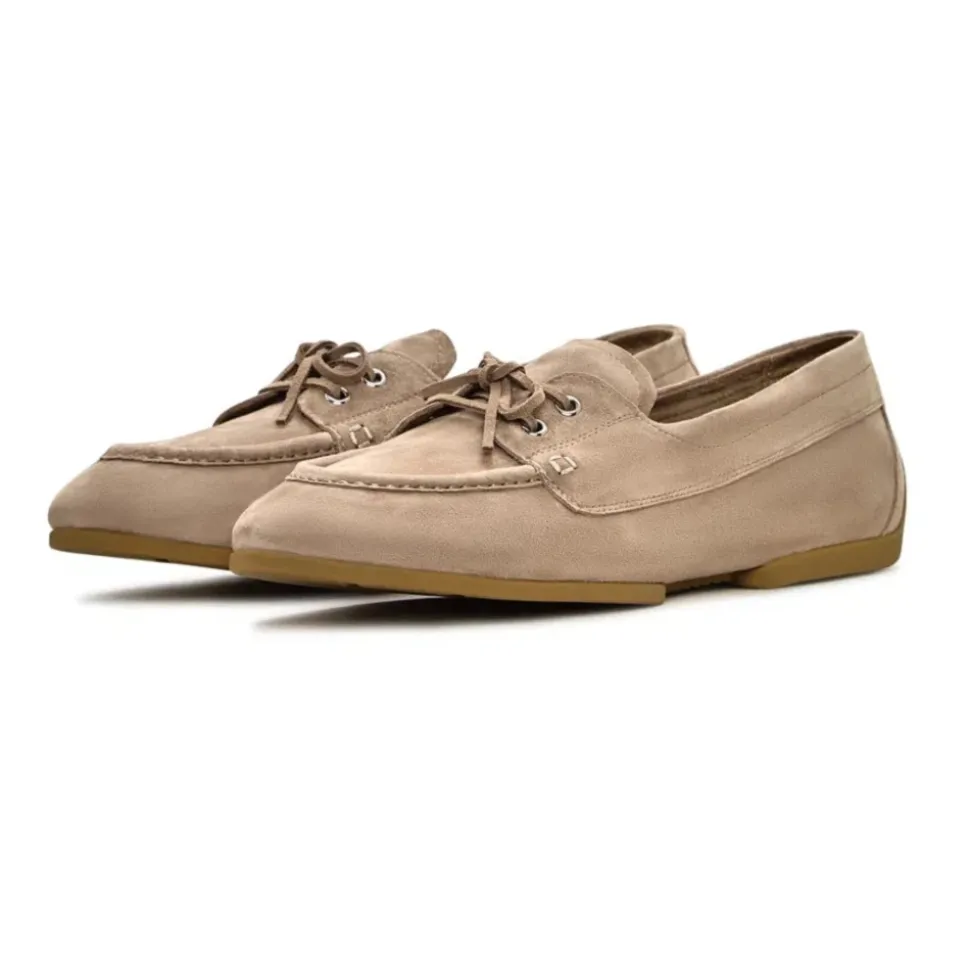 Suede Lace-Up Loafers - Beige