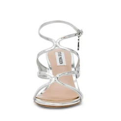 Talons en cuir verni argent avec bride de cheville