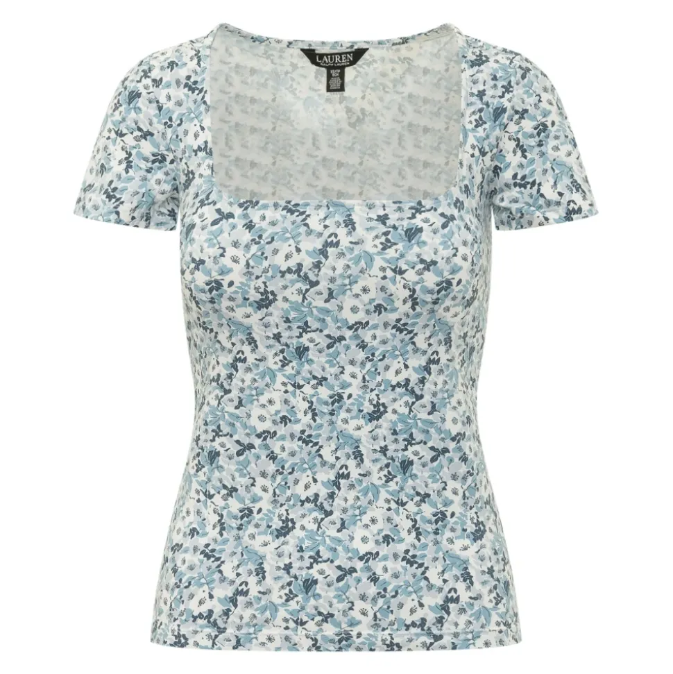 Top en jersey de coton à col carré fleuri