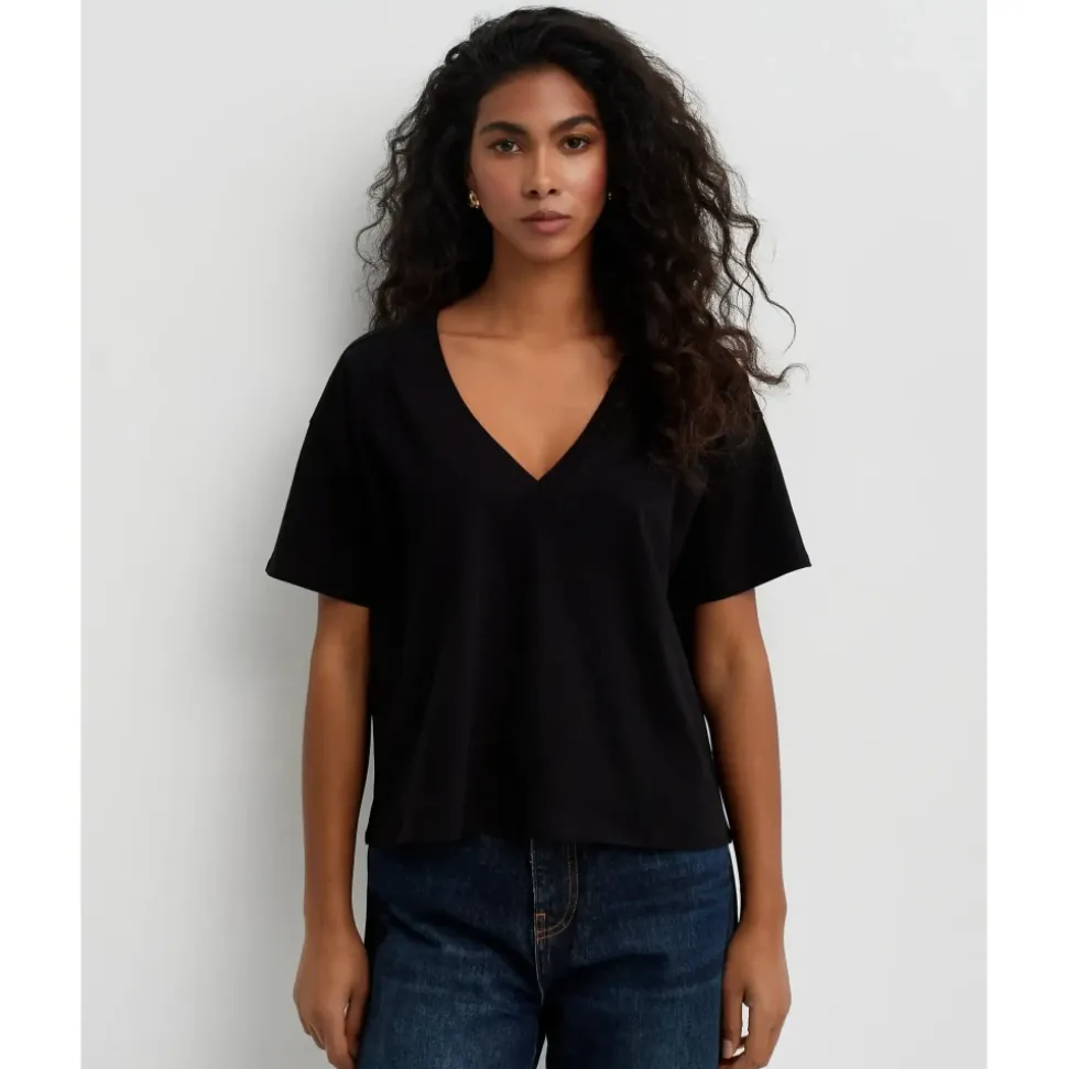 T-Shirt Noir en Coton Col en V